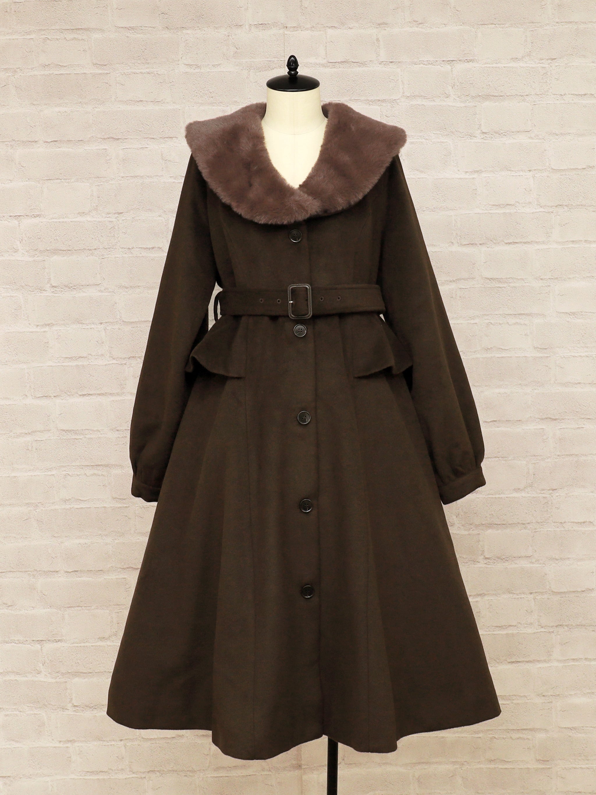 Noble Elegance ペプラムロングコート ブラウン(Brown) FREE |Amavel(アマベル)公式サイト