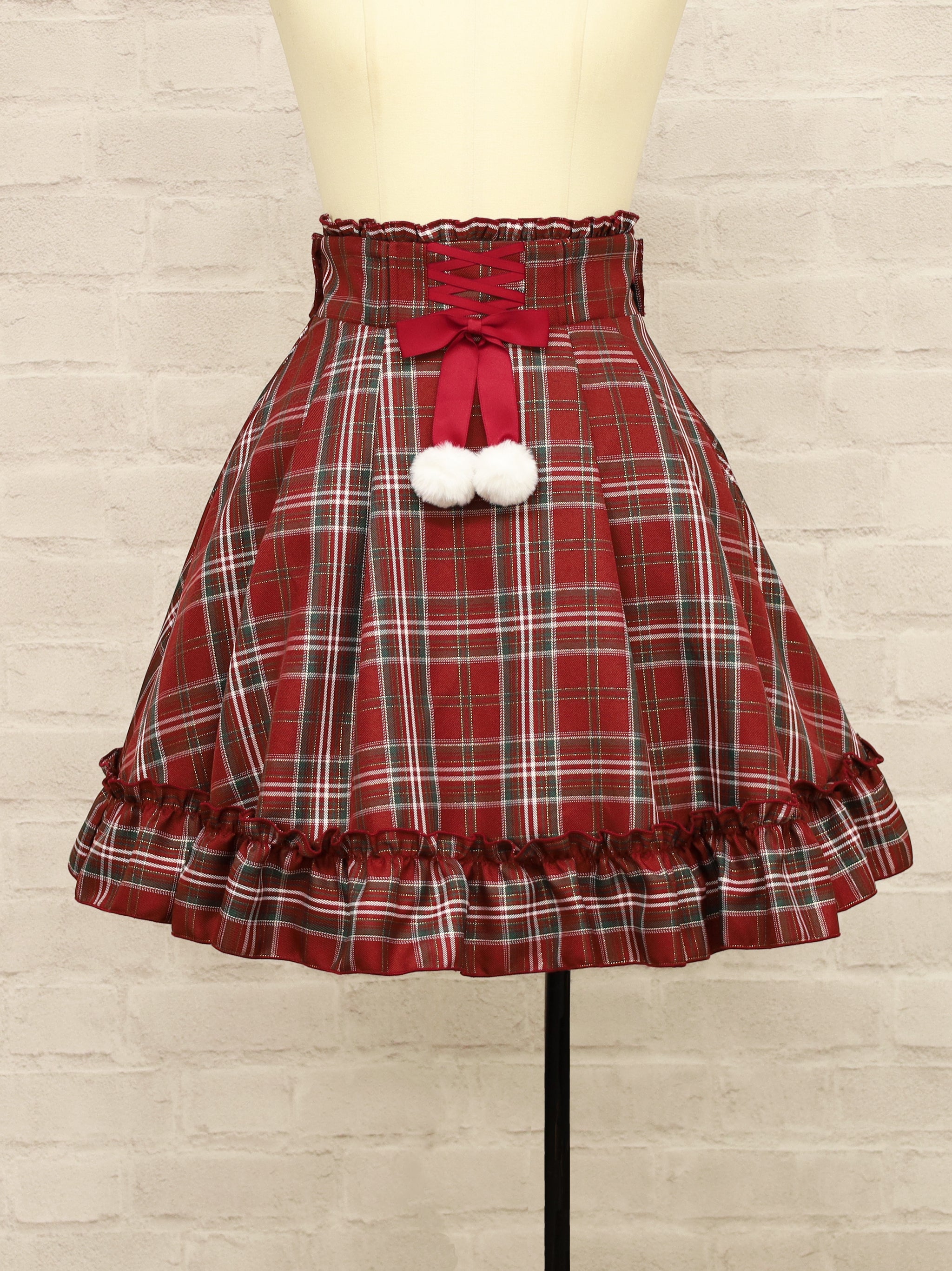 ファーポン付チェックフリルスカート ボルドー(Bordeaux) FREE |Amavel(アマベル)公式サイト