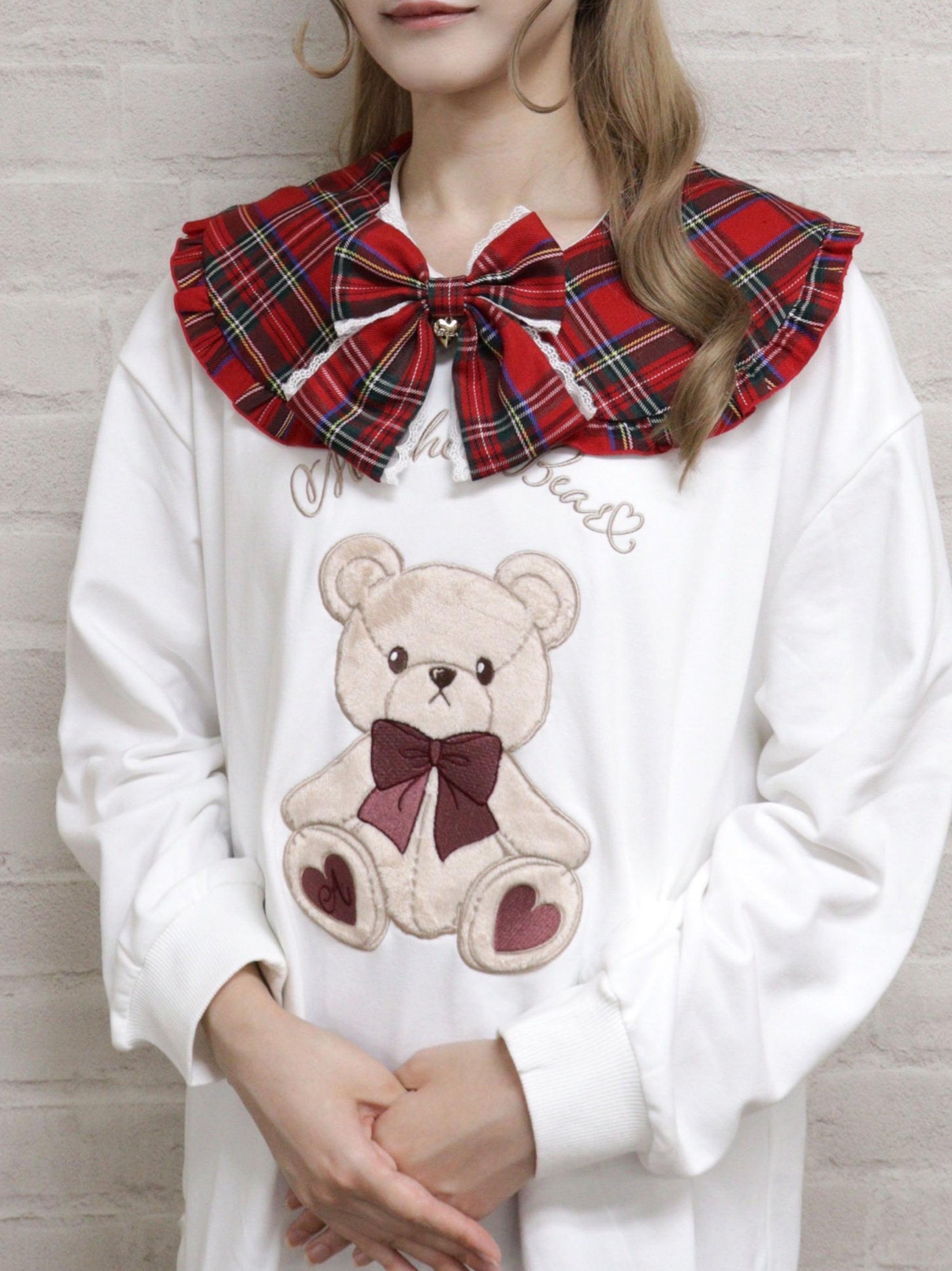 Märchen Bear アップリケ刺繍裏毛ワンピース