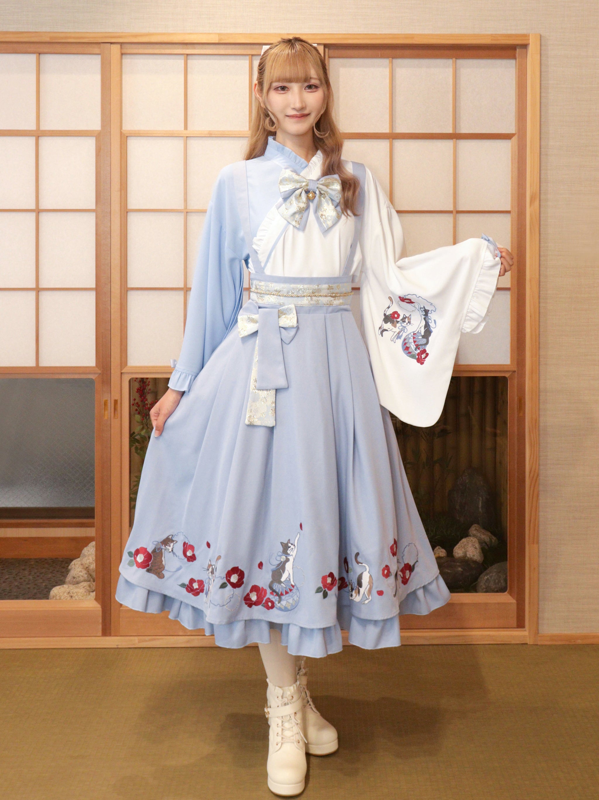 ◆受注生産アイテム◆椿と猫の手まり唄和風スカート