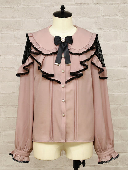 【メンバーズセール対象】バイカラーレースラッフルブラウス ピンク（Pink） FREE ｜Amavel（アマベル）公式サイト