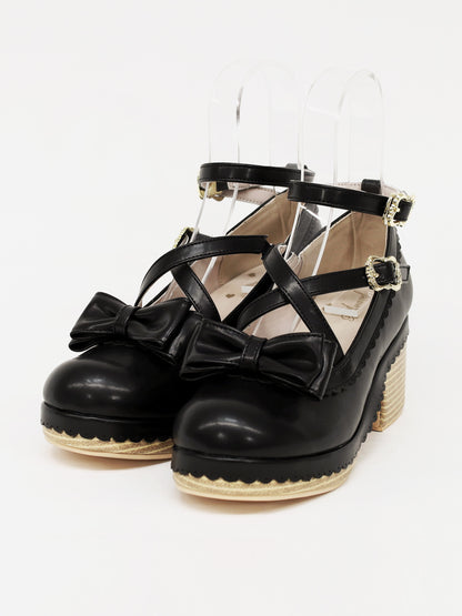 スカラップリボンウッドソールクロスパンプス ブラック（Black） ｜Amavel（アマベル）公式サイト