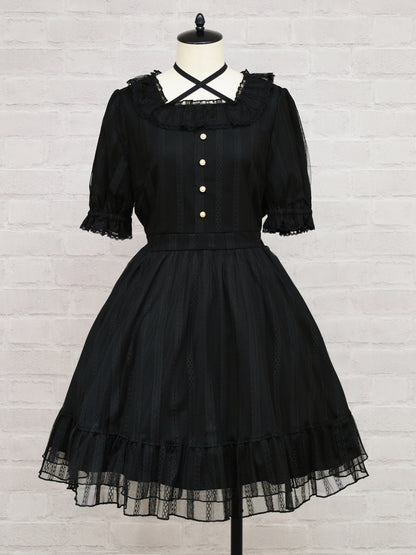 ストライプレースフリルワンピース ブラック（Black） FREE ｜Amavel（アマベル）公式サイト