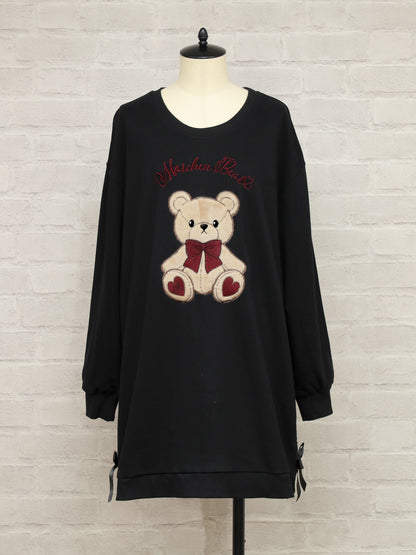 Märchen Bear アップリケ刺繍裏毛ワンピース