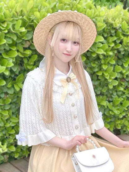 ロマンティックレースすかし編みショート丈ニットポンチョ