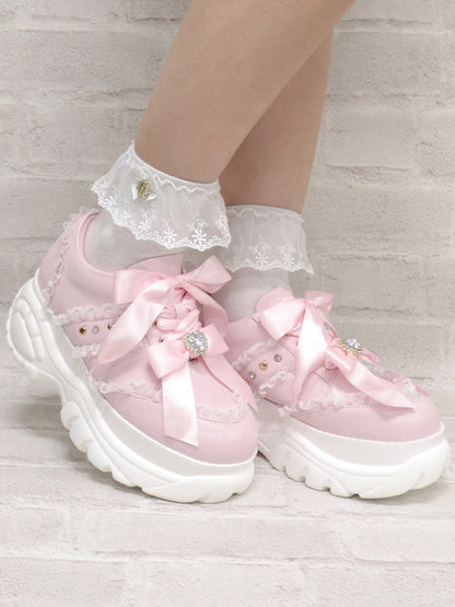 ハートビジュー付ダブルリボン厚底スニーカー ピンク（Pink） ｜Amavel（アマベル）公式サイト