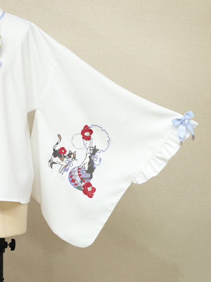 ◆受注生産アイテム◆椿と猫の手まり唄和風ブラウス